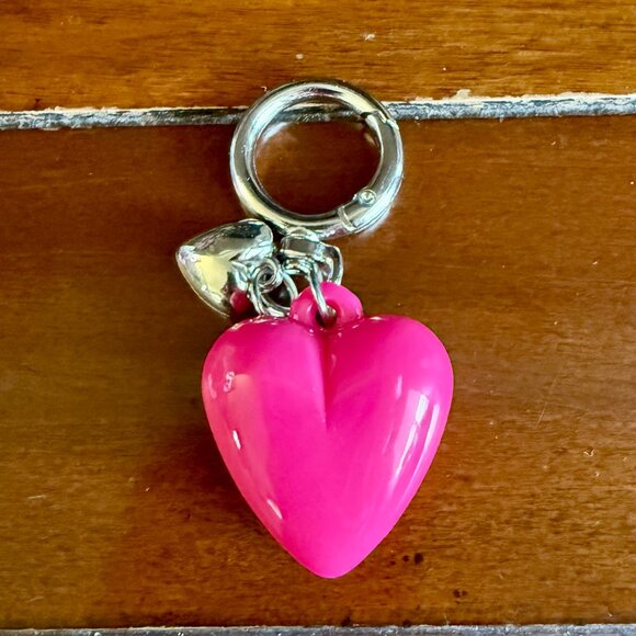 NEW Pink Love Keychain Purse Charm Pink Heart & Little Silver Heart - Picture 1 of 6